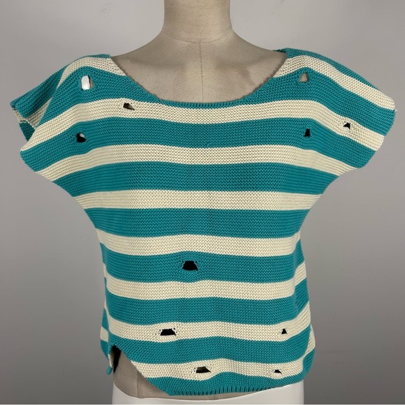 BOUNDARY & CO. Striped Teal and Cream Knit Top L - Picture 3 of 10